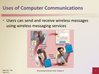 Uses of Computer Communications
• Users can send and receive wireless messages
using wireless messaging services
Discovering Computers 2012: Chapter 9 7Pages 462 – 463
Figure 9-3
 