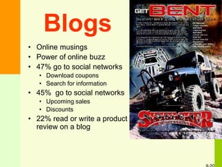 Blogs
• Online musings
• Power of online buzz
• 47% go to social networks
• Download coupons
• Search for information
• 45% go to social networks
• Upcoming sales
• Discounts
• 22% read or write a product
review on a blog
 