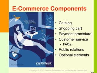 E-Commerce Components
• Catalog
• Shopping cart
• Payment procedure
• Customer service
• FAQs
• Public relations
• Optional elements
 