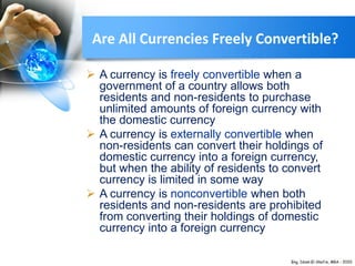 Are All Currencies Freely Convertible?
 A currency is freely convertible when a
government of a country allows both
residents and non-residents to purchase
unlimited amounts of foreign currency with
the domestic currency
 A currency is externally convertible when
non-residents can convert their holdings of
domestic currency into a foreign currency,
but when the ability of residents to convert
currency is limited in some way
 A currency is nonconvertible when both
residents and non-residents are prohibited
from converting their holdings of domestic
currency into a foreign currency
 