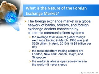What is the Nature of the Foreign
Exchange Market?
 The foreign exchange market is a global
network of banks, brokers, and foreign
exchange dealers connected by
electronic communications systems
 the average total value of global foreign
exchange trading in March, 1986 was just
$200 billion, in April, 2010 it hit $4 trillion per
day
 the most important trading centers are
London, New York, Zurich, Tokyo, and
Singapore
 the market is always open somewhere in
the world—it never sleeps
 