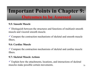 Important Points in Chapter 9: Outcomes to be Assessed 9.5: Smooth Muscle Distinguish between the structures and functions of multiunit smooth muscle and visceral smooth muscle. Compare the contraction mechanisms of skeletal and smooth muscle fibers. 9.6: Cardiac Muscle Compare the contraction mechanisms of skeletal and cardiac muscle fibers. 9.7: Skeletal Muscle Actions Explain how the attachments, locations, and interactions of skeletal muscles make possible certain movements. 