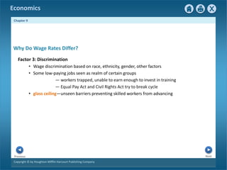 Copyright © by Houghton Mifflin Harcourt Publishing Company
Next
Previous
Economics
Chapter 9
Factor 3: Discrimination
• Wage discrimination based on race, ethnicity, gender, other factors
• Some low-paying jobs seen as realm of certain groups
— workers trapped, unable to earn enough to invest in training
— Equal Pay Act and Civil Rights Act try to break cycle
• glass ceiling—unseen barriers preventing skilled workers from advancing
Why Do Wage Rates Differ?
 