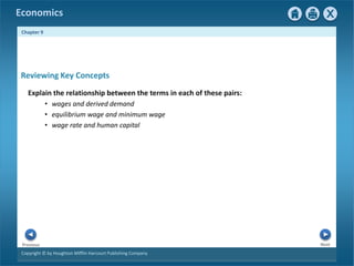 Copyright © by Houghton Mifflin Harcourt Publishing Company
Next
Previous
Economics
Chapter 9
Reviewing Key Concepts
Explain the relationship between the terms in each of these pairs:
• wages and derived demand
• equilibrium wage and minimum wage
• wage rate and human capital
 