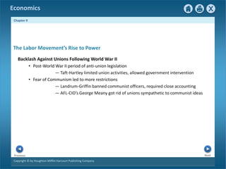 Copyright © by Houghton Mifflin Harcourt Publishing Company
Next
Previous
Economics
Chapter 9
Backlash Against Unions Following World War II
• Post-World War II period of anti-union legislation
— Taft-Hartley limited union activities, allowed government intervention
• Fear of Communism led to more restrictions
— Landrum-Griffin banned communist officers, required close accounting
— AFL-CIO’s George Meany got rid of unions sympathetic to communist ideas
The Labor Movement’s Rise to Power
 