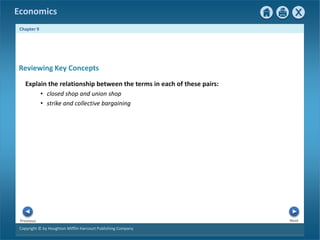 Copyright © by Houghton Mifflin Harcourt Publishing Company
Next
Previous
Economics
Chapter 9
Reviewing Key Concepts
Explain the relationship between the terms in each of these pairs:
• closed shop and union shop
• strike and collective bargaining
 