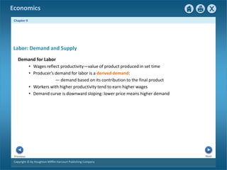 Copyright © by Houghton Mifflin Harcourt Publishing Company
Next
Previous
Economics
Chapter 9
Labor: Demand and Supply
Demand for Labor
• Wages reflect productivity—value of product produced in set time
• Producer’s demand for labor is a derived demand:
— demand based on its contribution to the final product
• Workers with higher productivity tend to earn higher wages
• Demand curve is downward sloping: lower price means higher demand
 