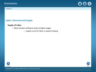 Copyright © by Houghton Mifflin Harcourt Publishing Company
Next
Previous
Economics
Chapter 9
Labor: Demand and Supply
Supply of Labor
• More workers willing to work at higher wages
— supply curve for labor is upward sloping
 
