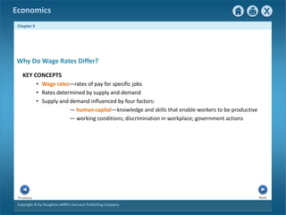 Copyright © by Houghton Mifflin Harcourt Publishing Company
Next
Previous
Economics
Chapter 9
Why Do Wage Rates Differ?
KEY CONCEPTS
• Wage rates—rates of pay for specific jobs
• Rates determined by supply and demand
• Supply and demand influenced by four factors:
— human capital—knowledge and skills that enable workers to be productive
— working conditions; discrimination in workplace; government actions
 