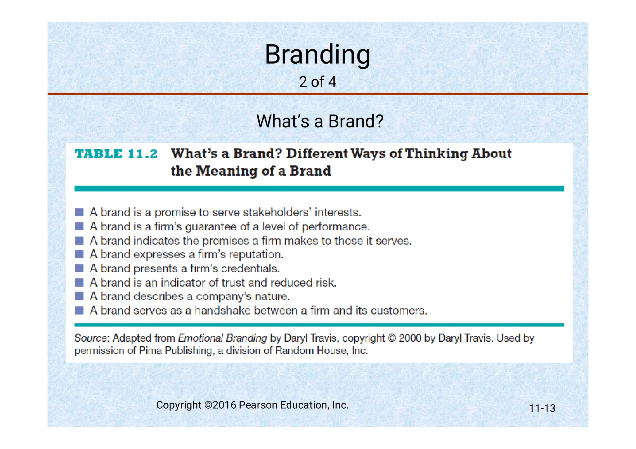 Branding
2 of 4
What’s a Brand?
Copyright ©2016 Pearson Education, Inc. 11-13
 