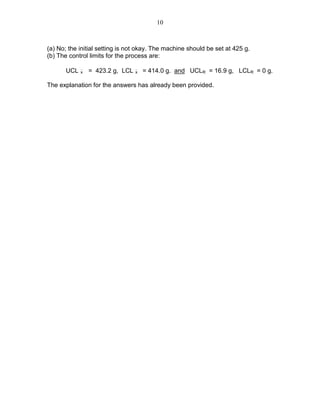 10
(a) No; the initial setting is not okay. The machine should be set at 425 g.
(b) The control limits for the process are:
UCLx = 423.2 g, LCLx = 414.0 g. and UCLR = 16.9 g, LCLR = 0 g.
The explanation for the answers has already been provided.
 