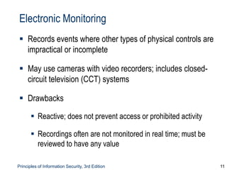 Principles of Information Security, 3rd Edition 11
Electronic Monitoring
 Records events where other types of physical controls are
impractical or incomplete
 May use cameras with video recorders; includes closed-
circuit television (CCT) systems
 Drawbacks
 Reactive; does not prevent access or prohibited activity
 Recordings often are not monitored in real time; must be
reviewed to have any value
 