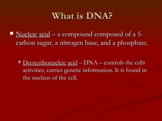 What is DNA? Nucleic acid – a compound composed of a 5-carbon sugar, a nitrogen base, and a phosphate. Deoxyribonucleic acid – DNA – controls the cells activities, carries genetic information. It is found in the nucleus of the cell.