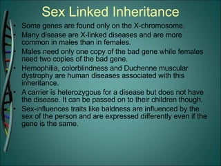 Sex Linked Inheritance Some genes are found only on the X-chromosome. Many disease are X-linked diseases and are more common in males than in females. Males need only one copy of the bad gene while females need two copies of the bad gene. Hemophilia, colorblindness and Duchenne muscular dystrophy are human diseases associated with this inheritance. A carrier is heterozygous for a disease but does not have the disease. It can be passed on to their children though. Sex-influences traits like baldness are influenced by the sex of the person and are expressed differently even if the gene is the same. 