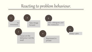 Reacting to problem behaviour.
Act
immediately
1
Focus on the
behaviour not the
pupil
2
Take things
forward
3
Reprimand in
private
4
Use colleagues and
the institution
5
6
Keep calm
 