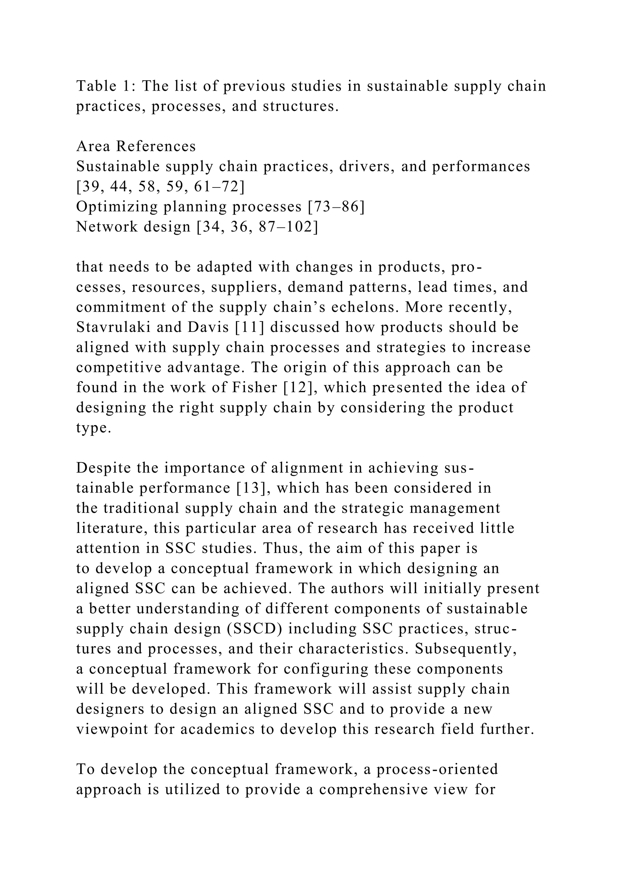 Table 1: The list of previous studies in sustainable supply chain
practices, processes, and structures.
Area References
Sustainable supply chain practices, drivers, and performances
[39, 44, 58, 59, 61–72]
Optimizing planning processes [73–86]
Network design [34, 36, 87–102]
that needs to be adapted with changes in products, pro-
cesses, resources, suppliers, demand patterns, lead times, and
commitment of the supply chain’s echelons. More recently,
Stavrulaki and Davis [11] discussed how products should be
aligned with supply chain processes and strategies to increase
competitive advantage. The origin of this approach can be
found in the work of Fisher [12], which presented the idea of
designing the right supply chain by considering the product
type.
Despite the importance of alignment in achieving sus-
tainable performance [13], which has been considered in
the traditional supply chain and the strategic management
literature, this particular area of research has received little
attention in SSC studies. Thus, the aim of this paper is
to develop a conceptual framework in which designing an
aligned SSC can be achieved. The authors will initially present
a better understanding of different components of sustainable
supply chain design (SSCD) including SSC practices, struc-
tures and processes, and their characteristics. Subsequently,
a conceptual framework for configuring these components
will be developed. This framework will assist supply chain
designers to design an aligned SSC and to provide a new
viewpoint for academics to develop this research field further.
To develop the conceptual framework, a process-oriented
approach is utilized to provide a comprehensive view for
 
