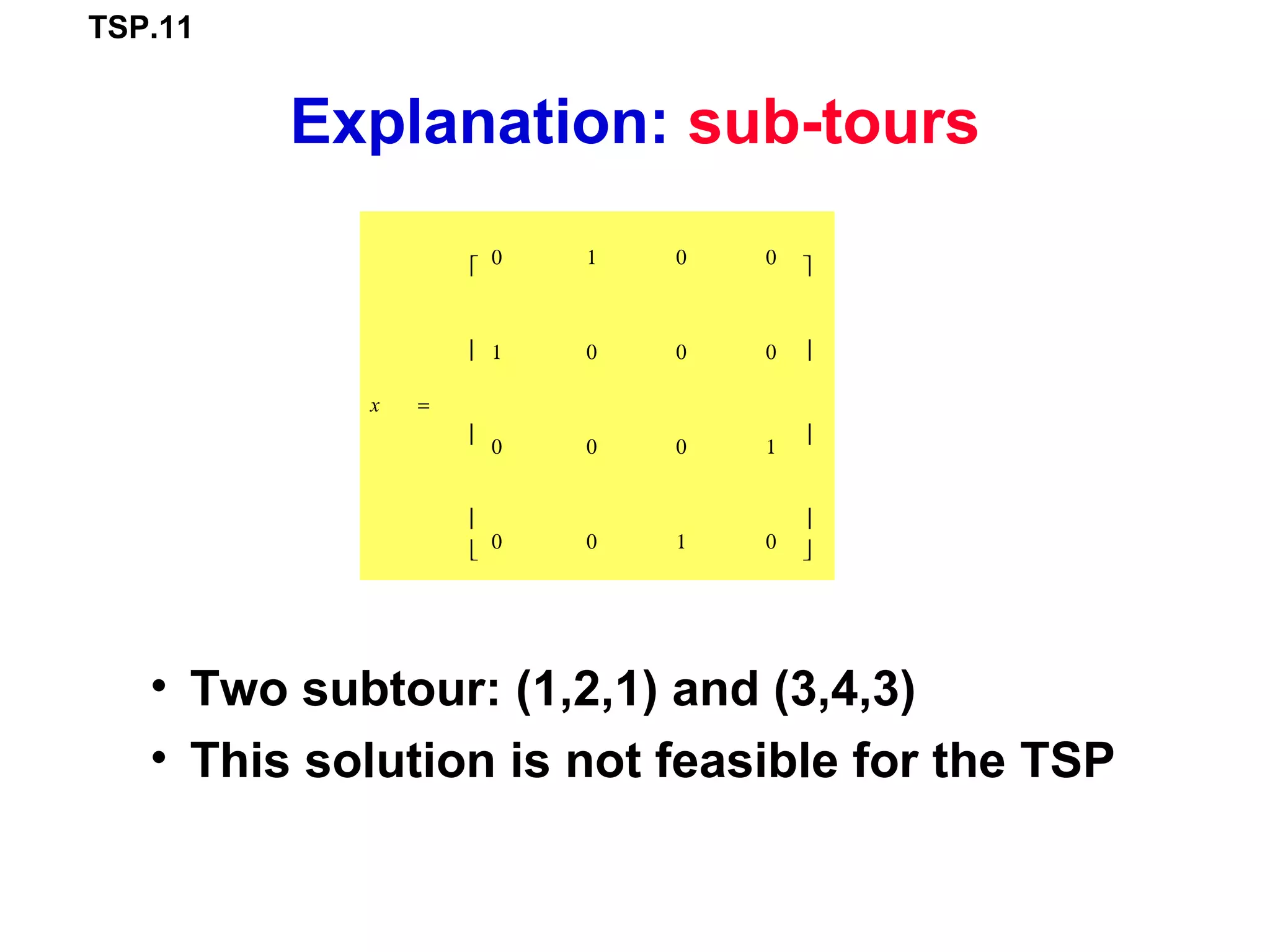 TSP.11
Explanation: sub-tours
• Two subtour: (1,2,1) and (3,4,3)
• This solution is not feasible for the TSP
x =
0 1 0 0
1 0 0 0
0 0 0 1
0 0 1 0










 