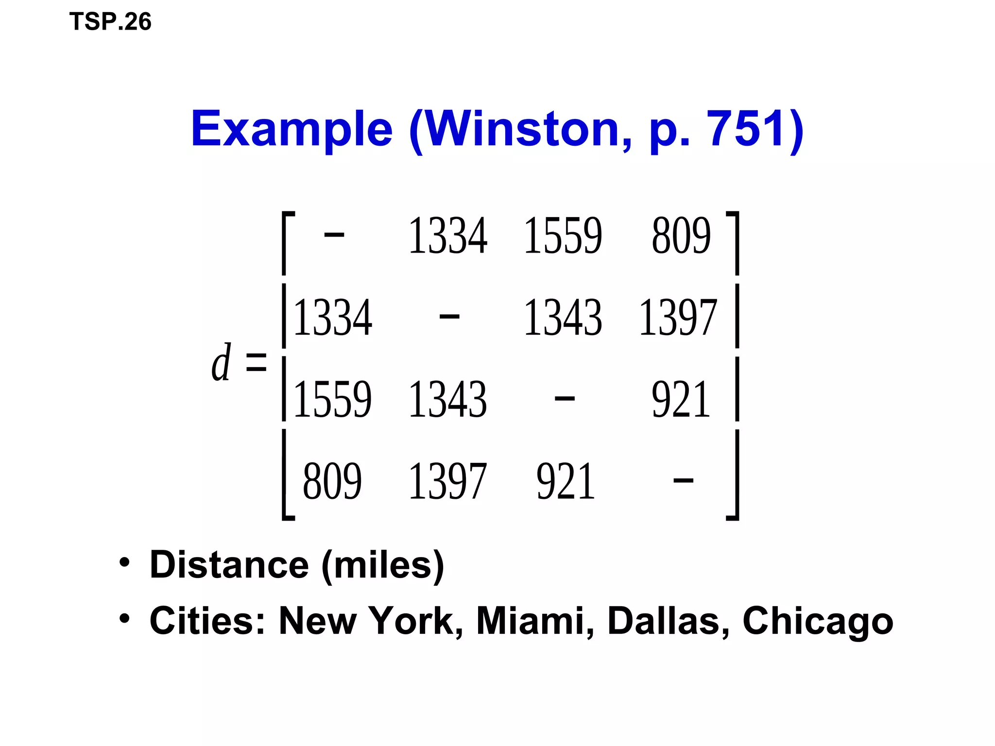 TSP.26
Example (Winston, p. 751)
• Distance (miles)
• Cities: New York, Miami, Dallas, Chicago
d =
− 1334 1559 809
1334 − 1343 1397
1559 1343 − 921
809 1397 921 −
⎡
⎣
⎢
⎢
⎢
⎤
⎦
⎥
⎥
⎥
 