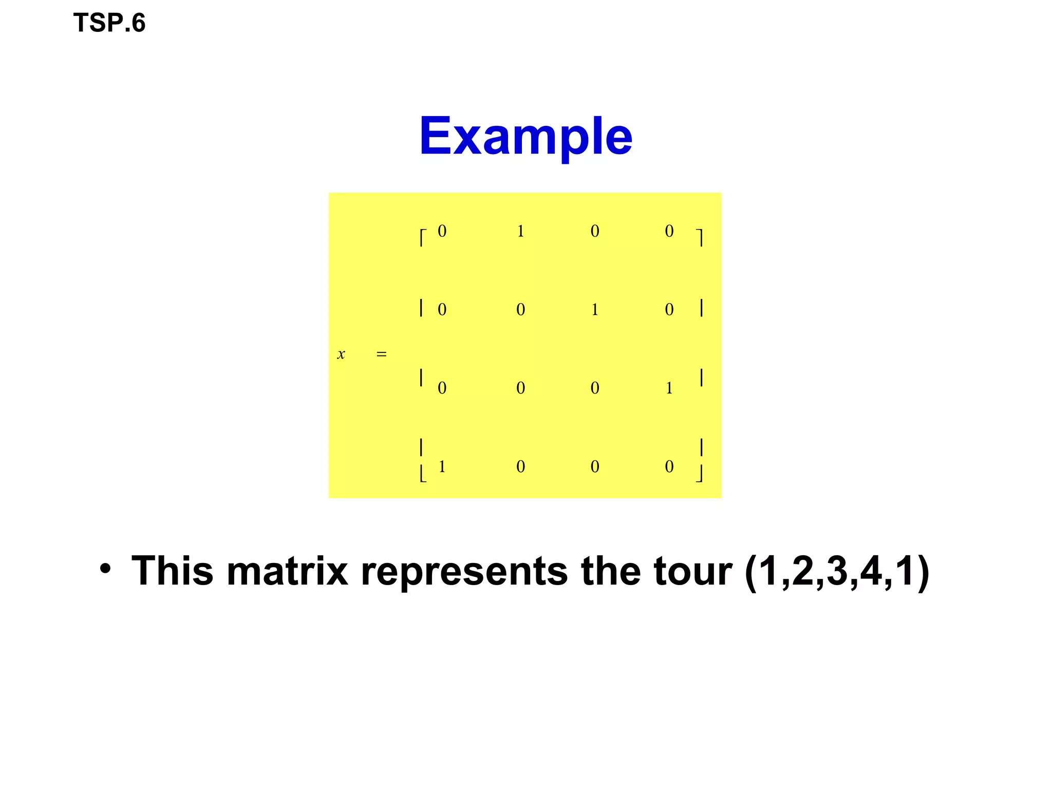 TSP.6
Example
• This matrix represents the tour (1,2,3,4,1)
x =
0 1 0 0
0 0 1 0
0 0 0 1
1 0 0 0










 