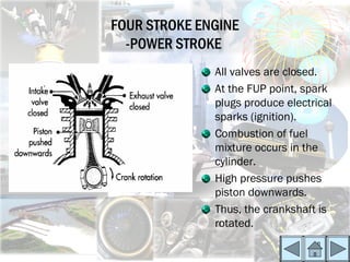 FOUR STROKE ENGINE
  -POWER STROKE
              All valves are closed.
              At the FUP point, spark
              plugs produce electrical
              sparks (ignition).
              Combustion of fuel
              mixture occurs in the
              cylinder.
              High pressure pushes
              piston downwards.
              Thus, the crankshaft is
              rotated.
 