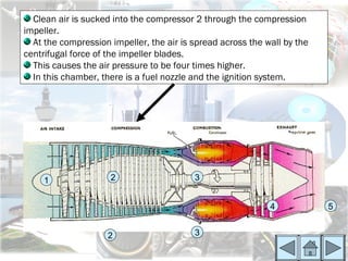 Clean air is sucked into the compressor 2 through the compression
impeller.
  At the compression impeller, the air is spread across the wall by the
centrifugal force of the impeller blades.
  This causes the air pressure to be four times higher.
  In this chamber, there is a fuel nozzle and the ignition system.




     1               2                    3


                                                             4            5


                    2                     3
 