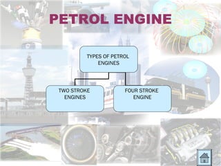 PETROL ENGINE

          TYPES OF PETROL
              ENGINES



 TWO STROKE            FOUR STROKE
   ENGINES                ENGINE
 