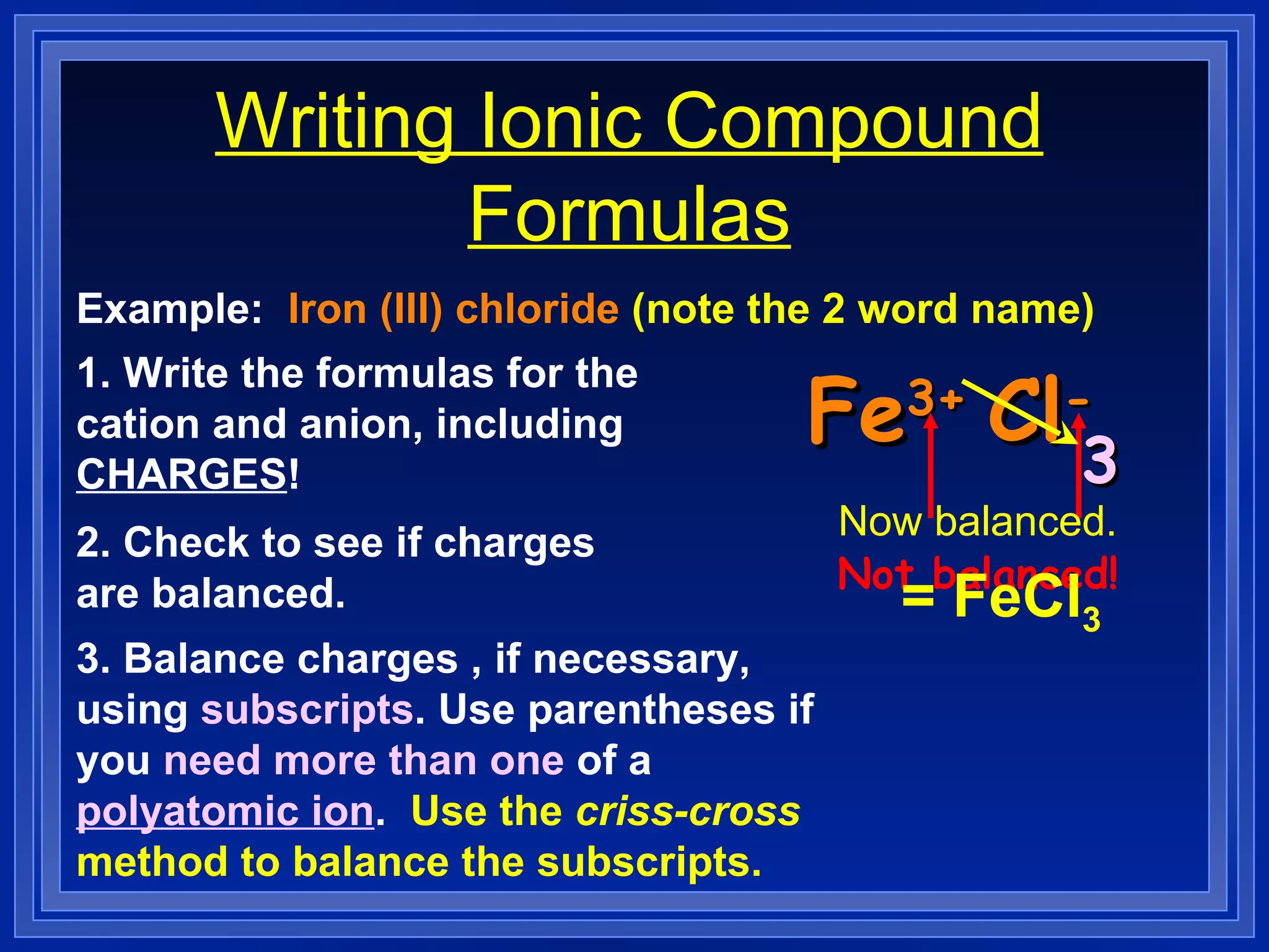 Writing Ionic Compound Formulas Example:  Iron (III) chloride  (note the 2 word name) 1. Write the formulas for the cation and anion, including  CHARGES ! Fe 3+ Cl - 2. Check to see if charges are balanced.   3. Balance charges , if necessary, using  subscripts . Use parentheses if you  need more than one  of a  polyatomic ion .  Use the  criss-cross  method to balance the subscripts. Not balanced! 3 Now balanced. = FeCl 3 