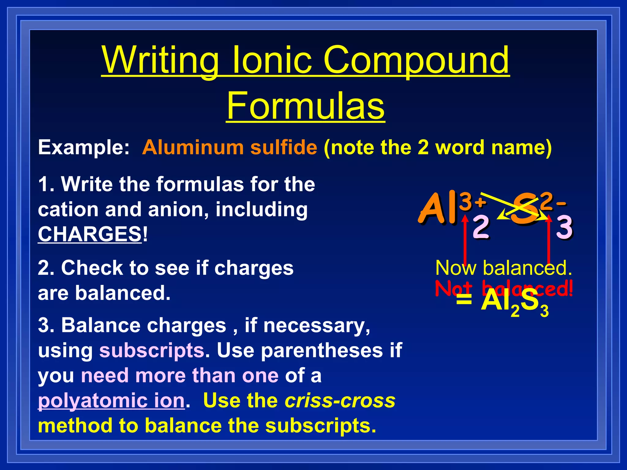 Writing Ionic Compound Formulas Example:  Aluminum sulfide  (note the 2 word name) 1. Write the formulas for the cation and anion, including  CHARGES ! Al 3+ S 2- 2. Check to see if charges are balanced.   3. Balance charges , if necessary, using  subscripts . Use parentheses if you  need more than one  of a  polyatomic ion .  Use the  criss-cross  method to balance the subscripts. Not balanced! 2 3 Now balanced. = Al 2 S 3 