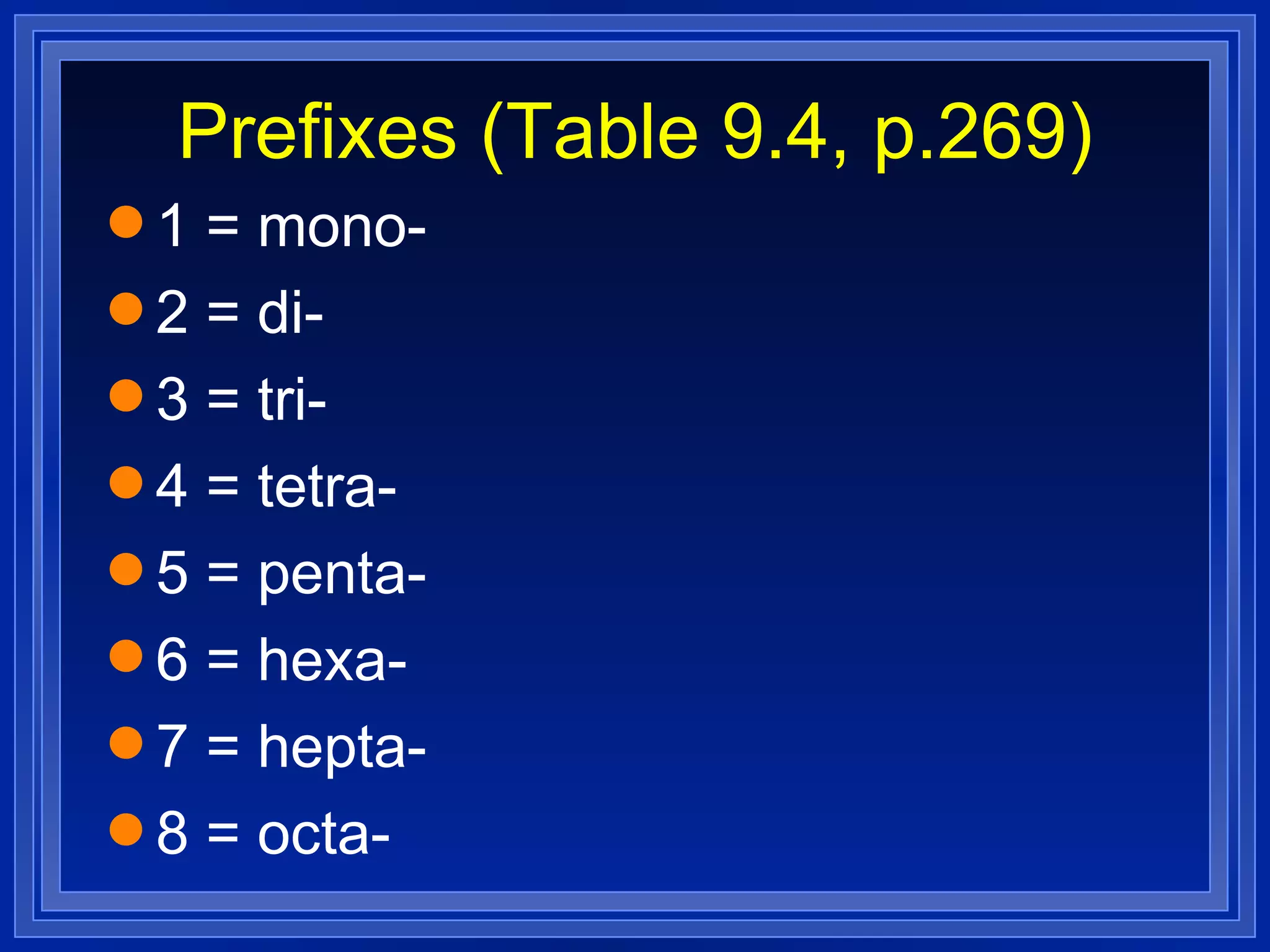 Prefixes (Table 9.4, p.269) 1 = mono- 2 = di- 3 = tri- 4 = tetra- 5 = penta- 6 = hexa- 7 = hepta- 8 = octa-  