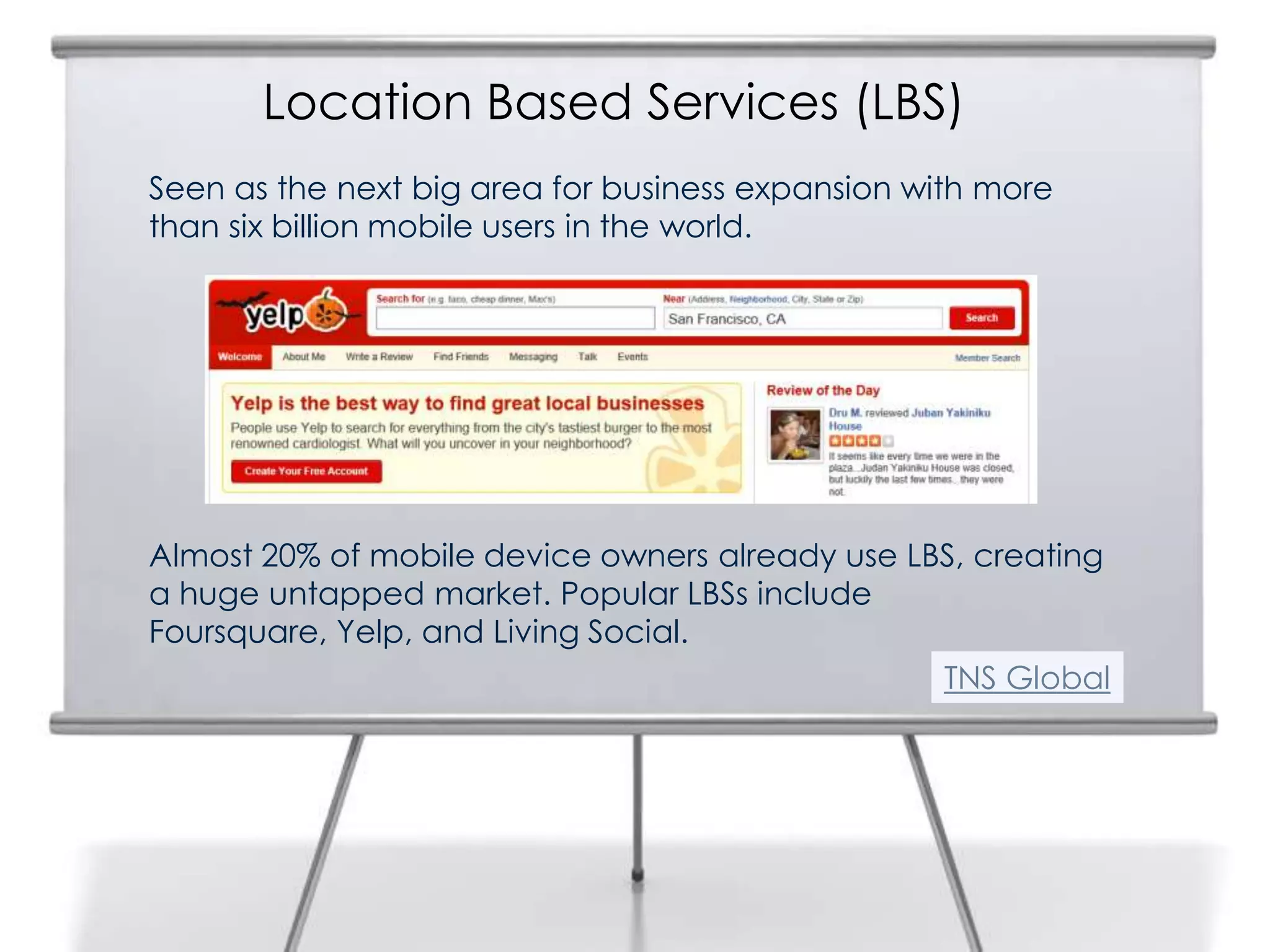 Location Based Services (LBS)
Seen as the next big area for business expansion with more
than six billion mobile users in the world.
15
Almost 20% of mobile device owners already use LBS, creating
a huge untapped market. Popular LBSs include
Foursquare, Yelp, and Living Social.
TNS Global
 