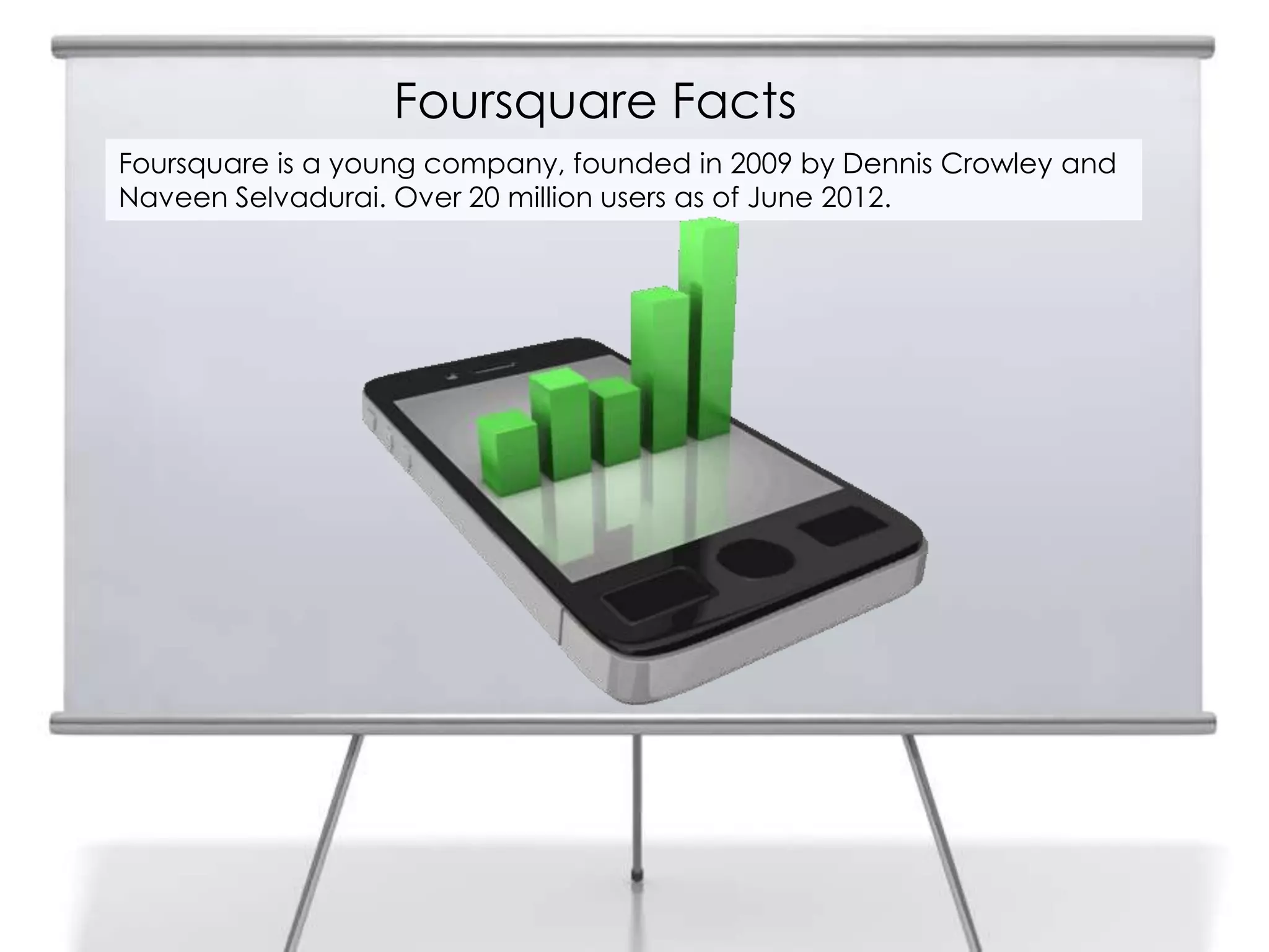 Foursquare Facts
Foursquare is a young company, founded in 2009 by Dennis Crowley and
Naveen Selvadurai. Over 20 million users as of June 2012.
 