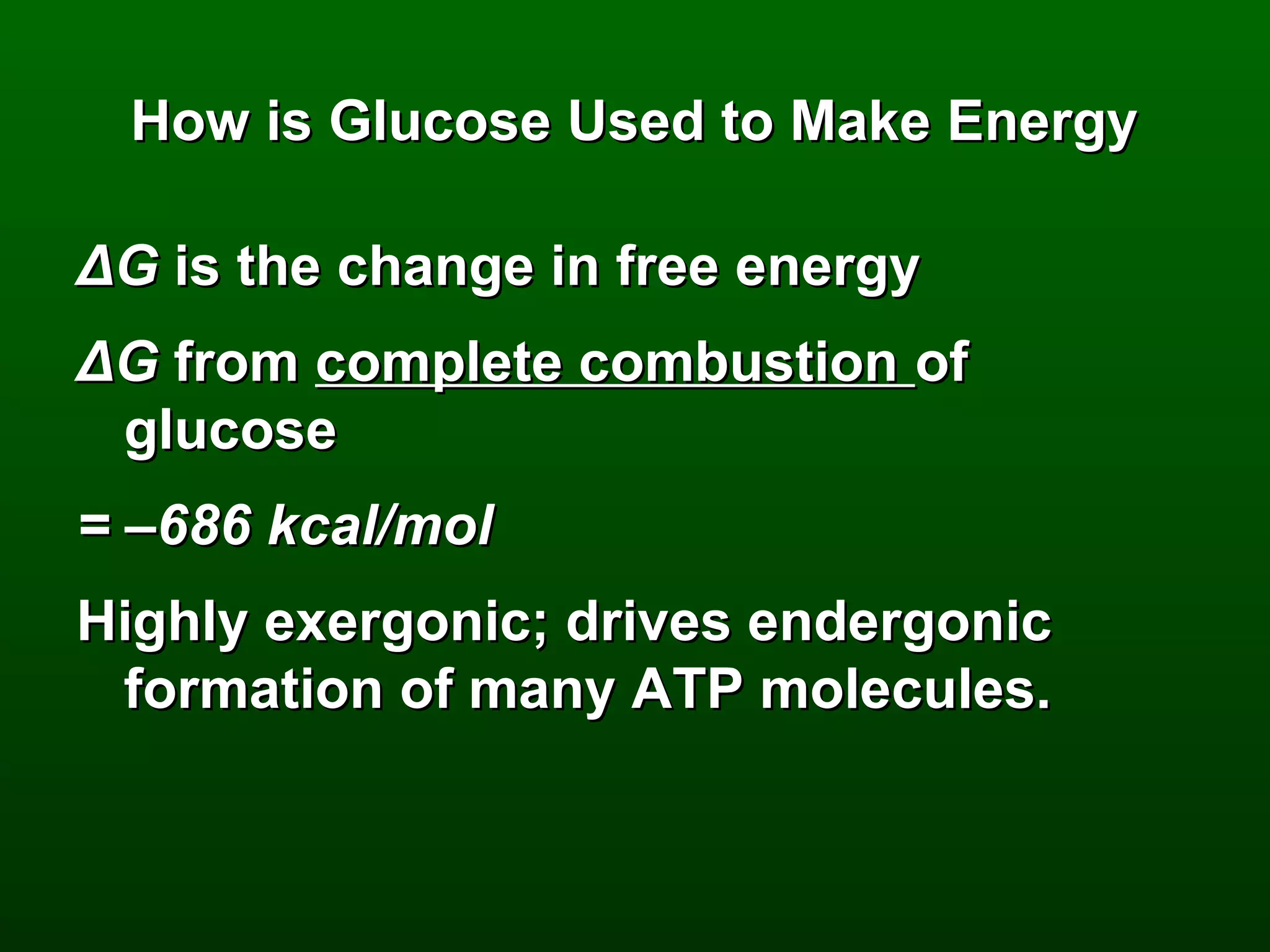 How is Glucose Used to Make Energy

ΔG is the change in free energy
ΔG from complete combustion of
 glucose
= –686 kcal/mol
Highly exergonic; drives endergonic
 formation of many ATP molecules.
 