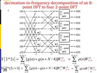 decimation-in-frequency decomposition of an 8-
            point DFT to four 2-point DFT




                 N / 4 −1                                          N / 4 −1
X [ 2* 2 s ] =    ∑         [ g (n) + g (n + N / 4)]WNsn =
                                                       /4           ∑          p(n)WNsn
                                                                                      /4
                  n =0                                              n =0
                      N / 4 −1                                         N /4 −1
X [ 2*(2 s + 1) ] =      ∑       [ g (n) − g (n + N / 4)]W W
                                                       2n   sn
                                                                   =    ∑        q ( n)WN nWNn
                                                                                        2   s
 35                      n =0
                                                       N    N /4
                                                                        n =0              35
                                                                                              /4
 