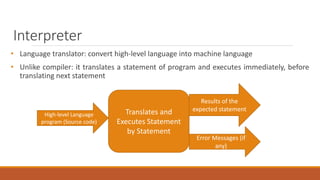 Interpreter
• Language translator: convert high-level language into machine language
• Unlike compiler: it translates a statement of program and executes immediately, before
translating next statement
Results of the
expected statement
High-level Language
program (Source code)
Translates and
Executes Statement
by Statement
Error Messages (if
any)
 