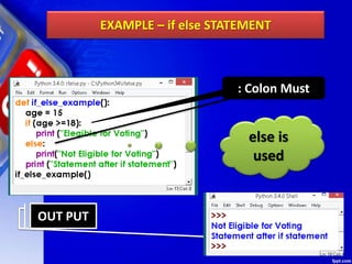 EXAMPLE – if else STATEMENT
OUT PUT
else is
used
: Colon Must
 