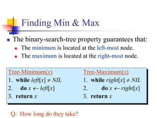 Finding Min & Max
Tree-Minimum(x) Tree-Maximum(x)
1. while left[x]  NIL 1. while right[x]  NIL
2. do x  left[x] 2. do x  right[x]
3. return x 3. return x
Q: How long do they take?
 The binary-search-tree property guarantees that:
 The minimum is located at the left-most node.
 The maximum is located at the right-most node.
 