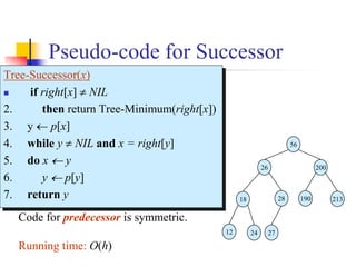 Pseudo-code for Successor
Code for predecessor is symmetric.
Running time: O(h)
56
26 200
18 28 190 213
12 24 27
Tree-Successor(x)
 if right[x]  NIL
2. then return Tree-Minimum(right[x])
3. y  p[x]
4. while y  NIL and x = right[y]
5. do x  y
6. y  p[y]
7. return y
 