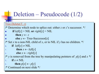 Deletion – Pseudocode (1/2)
Tree-Delete(T, z)
/* Determine which node to splice out: either z or z’s successor. */
 if left[z] = NIL or right[z] = NIL
 then y  z
 else y  Tree-Successor[z]
/* Set x to a non-NIL child of x, or to NIL if y has no children. */
4. if left[y]  NIL
5. then x  left[y]
6. else x  right[y]
/* y is removed from the tree by manipulating pointers of p[y] and x */
7. if x  NIL
8. then p[x]  p[y]
/* Continued on next slide */
 