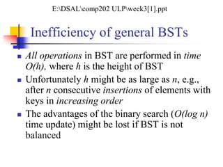 Inefficiency of general BSTs
 All operations in BST are performed in time
O(h), where h is the height of BST
 Unfortunately h might be as large as n, e.g.,
after n consecutive insertions of elements with
keys in increasing order
 The advantages of the binary search (O(log n)
time update) might be lost if BST is not
balanced
E:DSALcomp202 ULPweek3[1].ppt
 