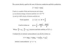 The current density equal to the sum of electron conduction and hole conduction.
𝐽 = 𝑛𝑞𝑣 𝑛
∗ + pq𝑣 𝑝
∗
P and n is a number of hole and electron per unit volume
q is an electrical charge of electron and hole 1.6 × 10−19
𝐶
𝑣 𝑛
∗
and 𝑣 𝑝
∗
is drift velocity of electron and hole m/s
From equation: J = σ. E => σ =
𝐽
𝐸
Can be written as: σ =
𝐽
𝐸
=
𝑛𝑞𝑣 𝑛
∗
𝐸
+
pq𝑣 𝑝
∗
𝐸
Where
𝑣 𝑛
∗
𝐸
= 𝜇 𝑛 ,
𝑣 𝑝
∗
𝐸
= 𝜇 𝑝 ( electron and hole mobility 𝑚2
/𝑉. 𝑠 )
Conductivity in intrinsic semiconductor can also be written as:
σ = nq𝜇 𝑛 + pq𝜇 𝑝 = 𝑛𝑖 𝑞 𝜇 𝑛 + 𝜇 𝑝
intrinsic semiconductor: p = n = 𝑛𝑖
 