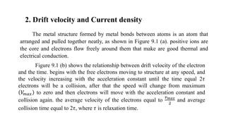 2. Drift velocity and Current density
The metal structure formed by metal bonds between atoms is an atom that
arranged and pulled together neatly, as shown in Figure 9.1 (a). positive ions are
the core and electrons flow freely around them that make are good thermal and
electrical conduction.
Figure 9.1 (b) shows the relationship between drift velocity of the electron
and the time. begins with the free electrons moving to structure at any speed, and
the velocity increasing with the acceleration constant until the time equal 2𝜏
electrons will be a collision, after that the speed will change from maximum
𝑉𝑚𝑎𝑥 to zero and then electrons will move with the acceleration constant and
collision again. the average velocity of the electrons equal to
𝑣 𝑚𝑎𝑥
2
and average
collision time equal to 2𝜏, where 𝜏 is relaxation time.
 