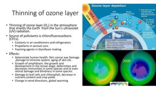 Thinning of ozone layer
• Thinning of ozone layer (O3) in the atmosphere
that shields the Earth from the Sun's ultraviolet
(UV) radiation.
• Source of pollutants is chlorofluorocarbons
(CFCs).
• Coolants in air conditioners and refrigerators
• Propellants in aerosol cans
• Foaming agents in Styrofoam making
• Effects:
• Deteriorate human health: Skin cancer eye Damage
,damage to Immune system, aging of skin etc.
• Growth of amphibians: the growth and
development in the larvae stage, deformities and
decreases immunities in some species and to even
retinal damage and blindness in some species.
• Damage to leaf cells and chlorophyll, decrease in
nutrient content and crop yields
• Change in wind directions, global warming
 