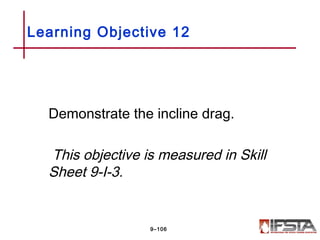 Demonstrate the incline drag.
This objective is measured in Skill
Sheet 9-I-3.
Learning Objective 12
9–106
 