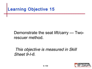 Demonstrate the seat lift/carry — Two-
rescuer method.
This objective is measured in Skill
Sheet 9-I-6.
Learning Objective 15
9–109
 