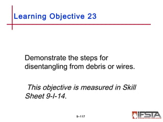 Demonstrate the steps for
disentangling from debris or wires.
This objective is measured in Skill
Sheet 9-I-14.
Learning Objective 23
9–117
 