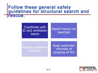 Follow these general safety
guidelines for structural search and
rescue.
9–17
 