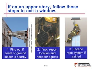 If on an upper story, follow these
steps to exit a window.
9–86
CourtesyofChrisMickal/DistrictChief,New
Orleans(LA)FDPhotoUnit
1. Find out if
aerial or ground
ladder is nearby
2. If not, report
location and
need for egress
3. Escape
rope system if
trained
 