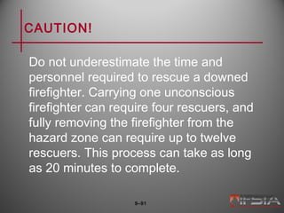 CAUTION!
Do not underestimate the time and
personnel required to rescue a downed
firefighter. Carrying one unconscious
firefighter can require four rescuers, and
fully removing the firefighter from the
hazard zone can require up to twelve
rescuers. This process can take as long
as 20 minutes to complete.
9–91
 