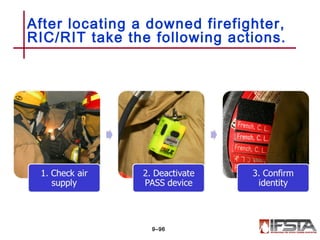After locating a downed firefighter,
RIC/RIT take the following actions.
9–96
 