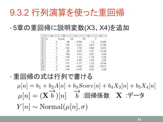 9.3.2 行列演算を使った重回帰
• 5章の重回帰に説明変数(X3、X4)を追加
• 重回帰の式は行列で書ける
23
:回帰係数 :データ
 